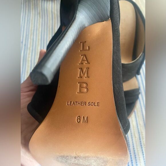 L.A.M.B. Black Leather Suede Open Toe Stiletto Sandals Size 6 - Picture 4 of 16